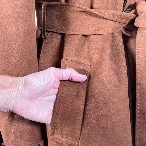 Magaschoni Women’s Chocolate Brown Faux Suede Belted Wrap Coat Size S EUC - Picture 5 of 15